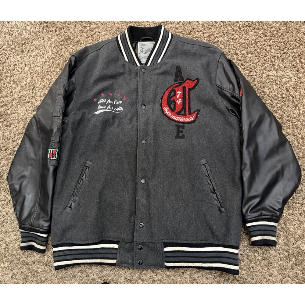 Spring Field Classic By Raw Blue Leather Sleeved Varsity Jacket Mens Size 2XL